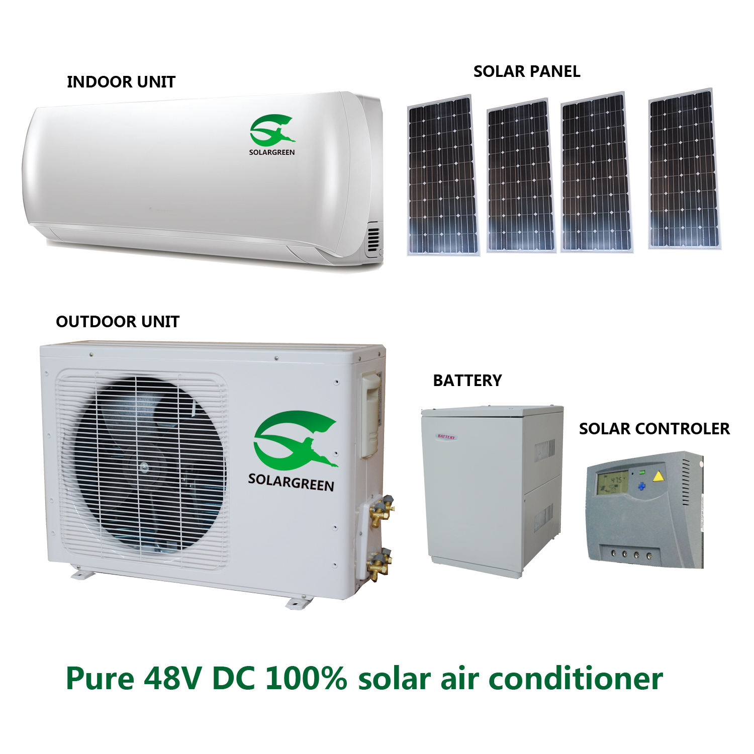 48V DC 9000btu-24000btu 100% off Grid Solar Air Conditioner with Panasonic Compressor and Motors